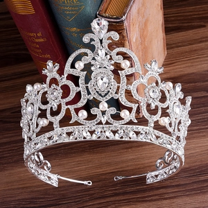 Baroque Luxueuse Couronne de Mariée en Alliage Strass Vintage Plaquée Or Argent Tiare de Mariage avec Künstliche Perles Bijoux Femme Fête
