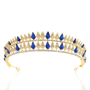Golden Baroque bridal crown with blue teardrop crystals and sparkling rhinestones
