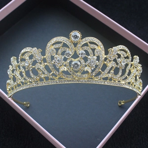 Baroque style gold bridal tiara with sparkling crystal rhinestones in a gift box