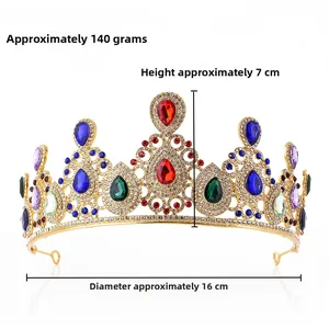 Baroque gold crown with colorful rhinestones, size 16cm diameter and 7cm height
