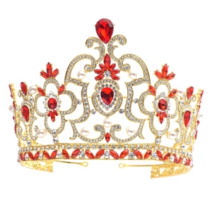 Couronne de mariée baroque de luxe avec strass rouges et perles sur alliage doré