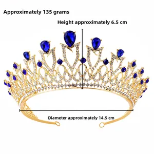 Detail view of luxury blue gemstone bridal crown showing height and diameter measurements