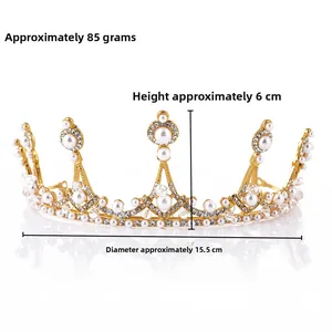 Detail of bridal crown showing dimensions 15.5cm diameter and 6cm height with rhinestones