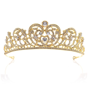 Elegant gold bridal crown featuring intricate rhinestone heart patterns and reflections