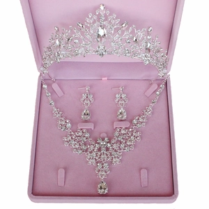 Luxury Bridal Jewelry Set Alloy Rhinestone Artificial Pearl Crystal Crown Tiara Necklace Earrings For Wedding Party Women Jewelry