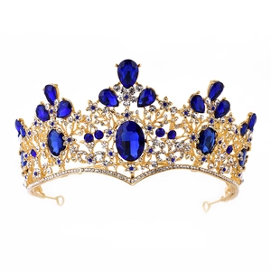 Golden Baroque bridal crown with deep blue crystals and white rhinestones for weddings