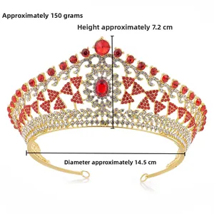 Gold bridal tiara with red crystals and white rhinestones, 7.2cm height and 14.5cm diameter