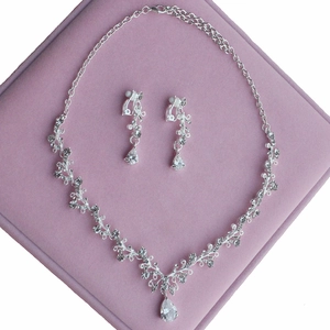 Detail of bridal silver jewelry set with zircon necklace and waterdrop clip-on earrings