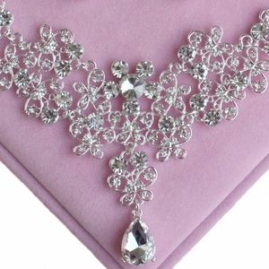 Elegant bridal necklace with silver floral rhinestones and teardrop crystal pendant