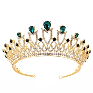 Elegant gold bridal crown with sparkling green waterdrop rhinestones and white crystals