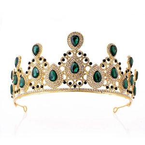 Baroque gold bridal crown with green teardrop gemstones and white rhinestones decoration