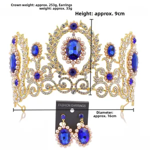 Baroque gold tiara and earrings set with blue gemstones, pearls, and sizing details