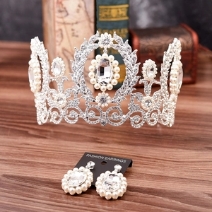 Baroque bridal crown and earring set with crystals and pearls on silver alloy base