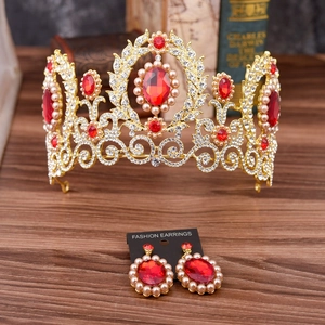 Baroque gold bridal tiara and earring set with red gemstones, pearls, and rhinestones