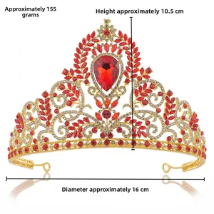Barock-Brautkrone mit roten Kristallen, 10,5 cm Höhe und 16 cm Durchmesser im Detail