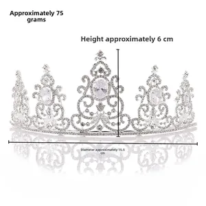 Detail view of silver crystal tiara with 6cm height and 15.5cm diameter measurements