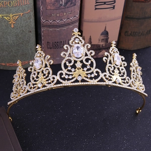 Luxurious gold crystal crown tiara with sparkling zircon stones for bridal wedding accessories