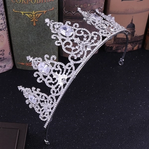 Elegant silver zircon crystal bridal crown with vintage baroque scroll patterns and gems