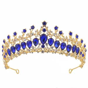 Couronne de mariée baroque dorée avec gemmes bleu profond et strass en cristal brillants