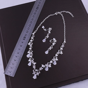 Detailed view of silver water-drop zircon necklace and earrings set with scale measurement