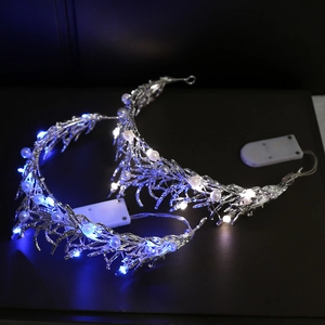LED bridal tiara with silver branches, faux pearls and glowing blue and white lights