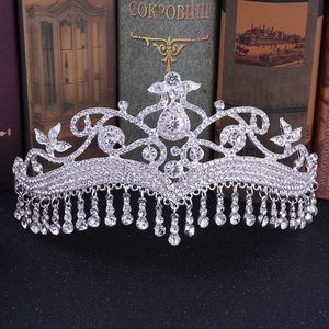Luxury Silver Alloy Rhinestone Tassel Crown Bridal Wedding Tiara Baroque Arabesque Style Hair Accessories For Women