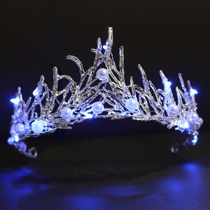 LED Glowing Bridal Crown Alloy Rhinestone Artificial Pearl Branch Tiara For Wedding Party Evening Women Elegant Hair Accessories