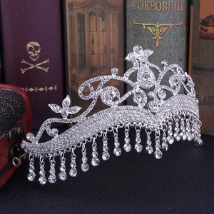 Silver bridal crown with rhinestone tassels and vintage floral alloy framework