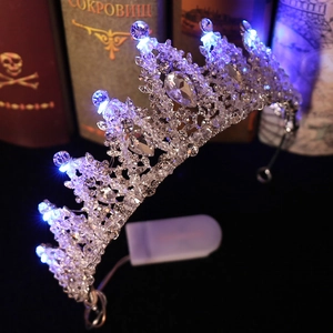Luxury bridal crystal crown with blue LED lights and sparkling silver metal finish