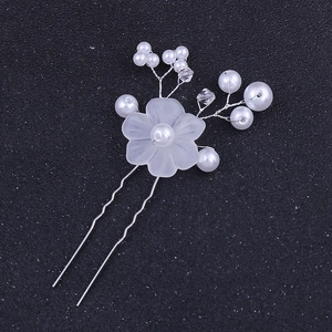 Handmade bridal hair pin with white resin flowers and pearls on silver wire