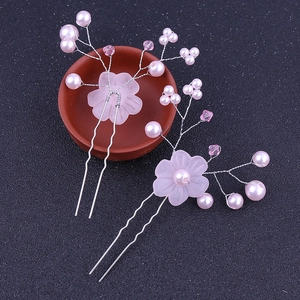 Pink handmade bridal hair pin set with pearls, crystals and frosted flower petals