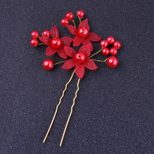 Épingle à cheveux de mariée avec fleurs rouges et perles dorées pour la coiffure