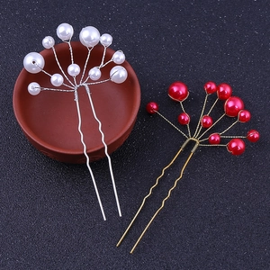 Forcine per capelli da sposa a U con perle bianche e rosse in metallo argento e oro