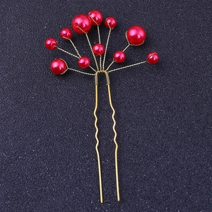 Forcina per capelli a U dorata con perle rosse per acconciature da sposa
