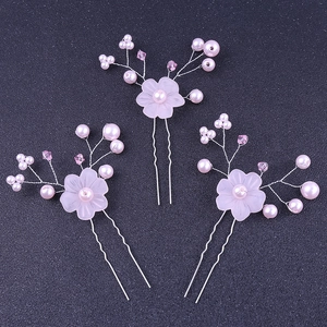 Three-piece bridal hair pin set with pink flowers, pearls and crystals on silver wire
