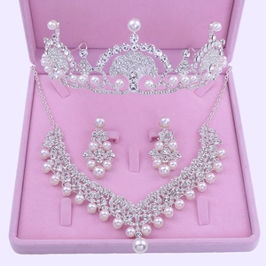 Brautschmuck Set Kunstperle Strass Legierung Diadem Krone Halskette Ohrringe Für Hochzeit Bankett Elegante Damen Accessoire