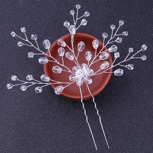 Elegant bridal hair pin with silver floral crystal beads and U-shaped fork design