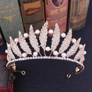 Korean Style Leaf Bridal Crown Tiara With Rhinestone And Artificial Pearl Alloy Baroque Wedding Hair Accessory For Women Party Jewelry