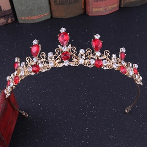 Baroque gold bridal crown with red teardrop rhinestones and white crystals