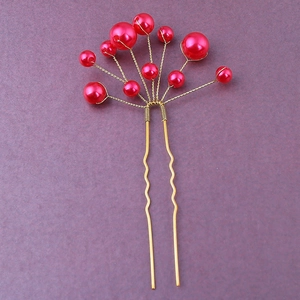 Forcina a U dorata con perle rosse per acconciature da sposa e occasioni speciali