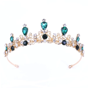 Elegant gold bridal tiara with green teardrop gems and sparkling white rhinestones