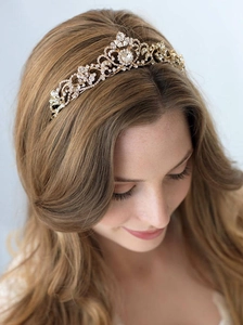 Detail of rose gold bridal crown with crystal rhinestones on a female model