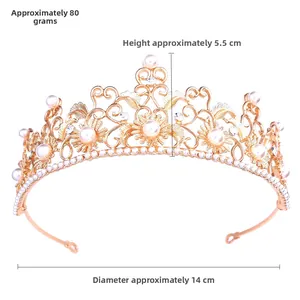 Detailed dimensions of the gold Baroque tiara with white pearls and sparkling crystals