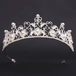 Baroque sunflower silver bridal crown with white pearls and sparkling rhinestones