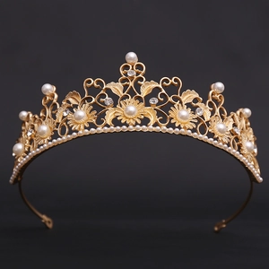 Baroque gold sunflower bridal crown with vintage pearls and sparkling rhinestones