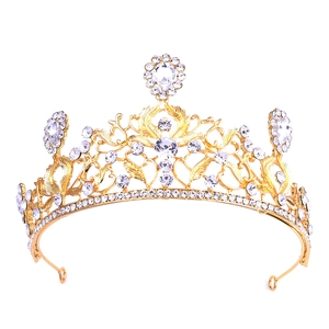Couronne de mariée dorée élégante avec motifs de feuilles et strass en cristal brillants