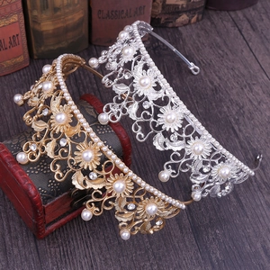 Vintage Baroque sunflower bridal crowns with white pearls and crystals in gold and silver