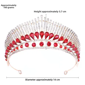 Detailed dimensions of peacock style red crystal bridal crown with 14cm diameter