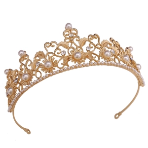 Baroque sunflower bridal crown with pearls and rhinestones on a gold alloy base