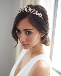 Detailed macro view of rose gold bridal crown with crystals on a wedding model